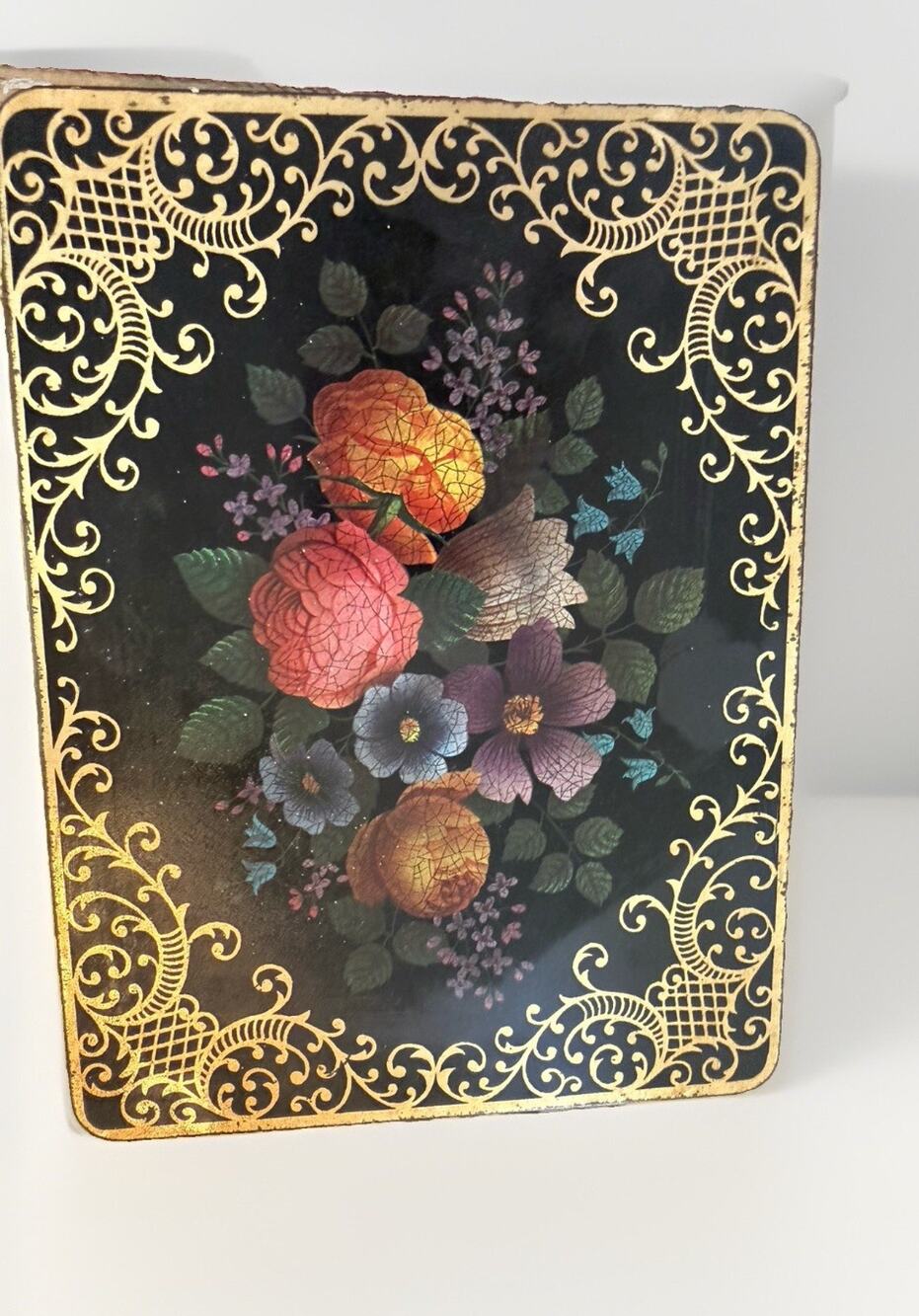 Vintage Tin Box Container England Floral Flowers Black with Gold Trim 9x7”